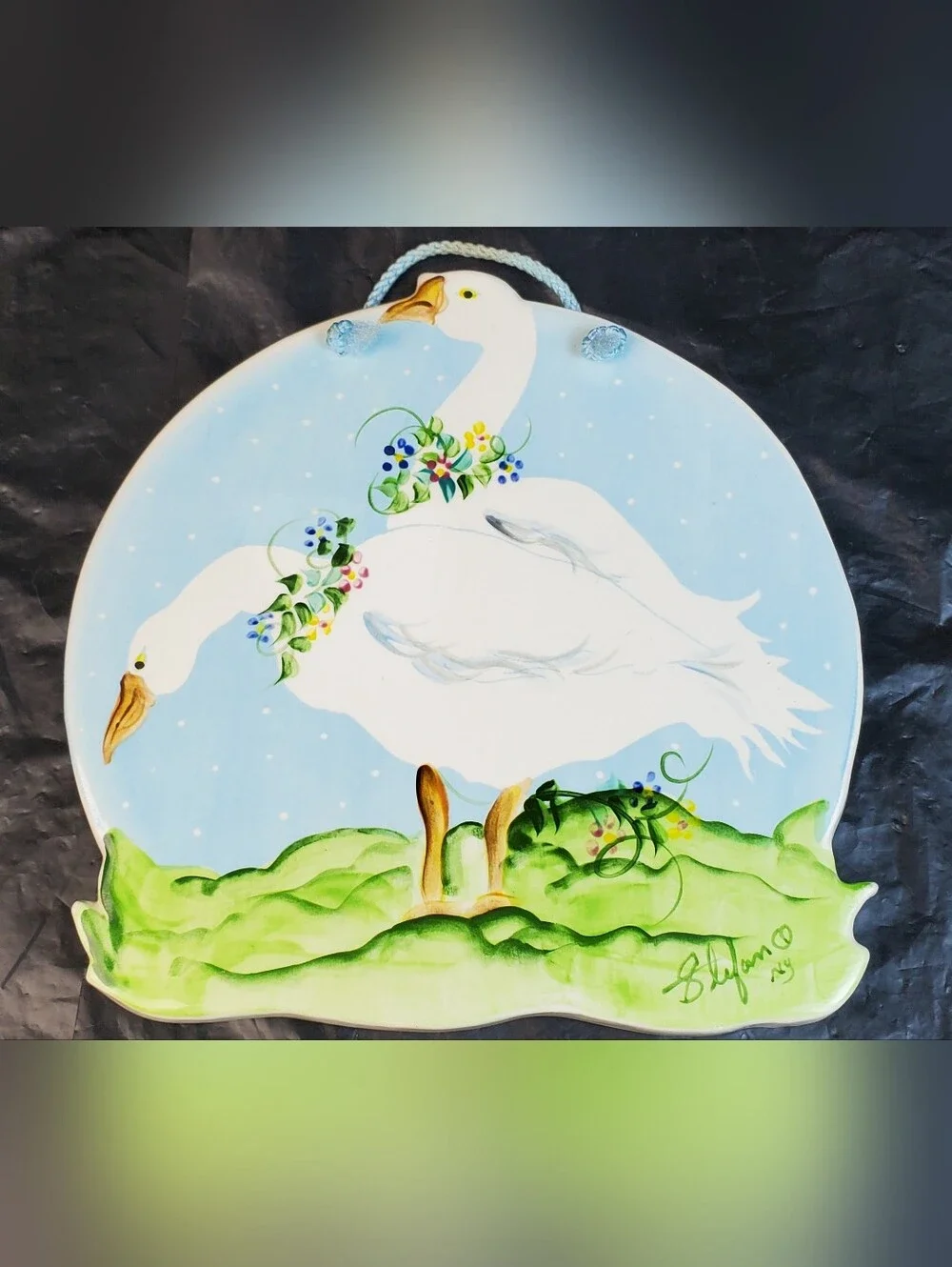 Stefan NY VTG Handmade Ceramic Painted Geese Hanging Trivet Cottagecore - GUC